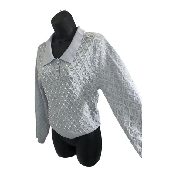 Blue diamond pattern pearl adorned‎ collared sweater top new size XL new - Picture 5 of 17